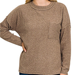 Zenana Ribbed Brushed Melange Hacci Sweater with Pocket Brown
