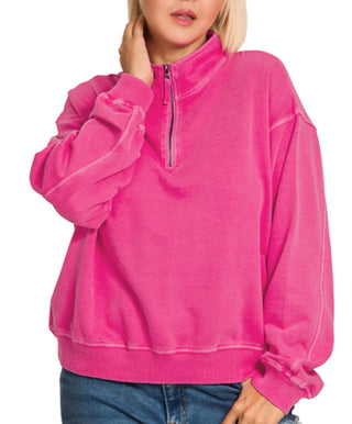 Zenana Pigment Dyed Enzyme Washed Half Zip Pullover Neon Pink