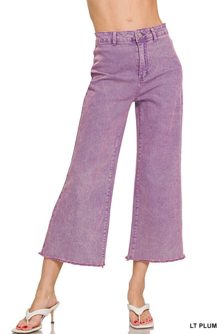Zenana Acid Wash HW Fray Hem Straight Pants Lt. Plum 1854Y