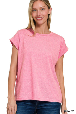 Zenana Folded Sleeve T-Shirt Heather Mauve