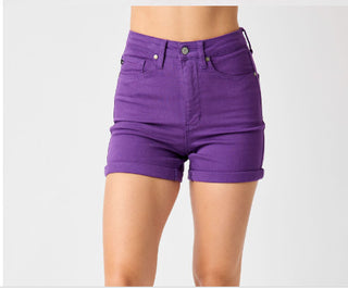 Judy Blue HW Tummy Control Garment Dyed Shorts Purple 150268
