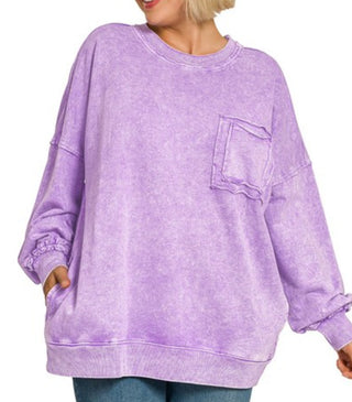 Zenana Halo Washed French Terry Exposed Seam Sweatshirt Violet