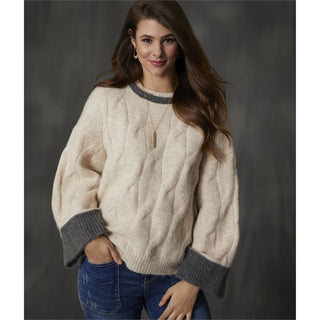 Coco + Carmen Linnea Super Soft Color Block Cable Sweater Cream XXL