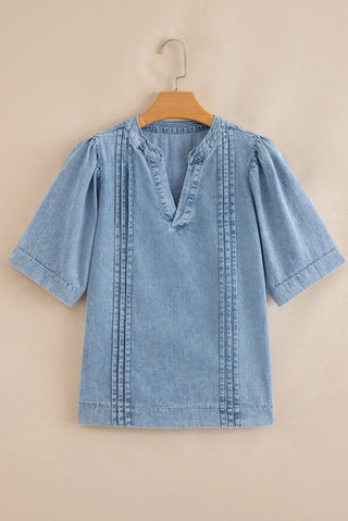 Lovesoft Pintuck Pleats Puff Sleeve V Neck Denim Top