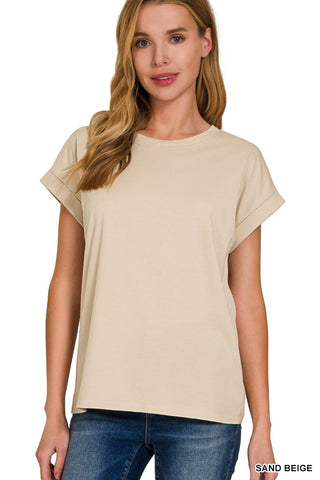 Zenana Cotton Folded Sleeve T-Shirt Sand Beige