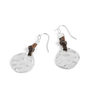 Whispers Leather Knot Hammered Disc Earrings Silver WM004616
