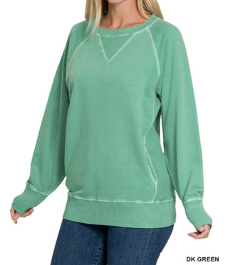 Zenana Pigment Dyed French Terry Pullover with Pockets Dk Green
