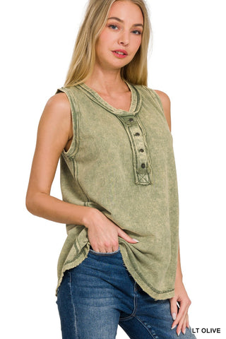 Zenana Washed Half-Button Sleeveless Henley Lt Olive