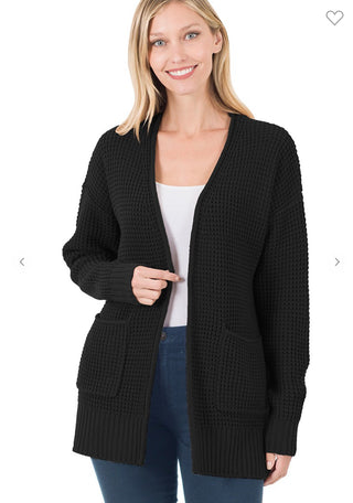 Zenana Waffle Open Cardigan Black