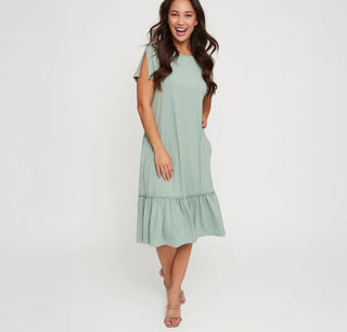 Arianna Slit-Sleeve Dress with Ruffle Hem Sage