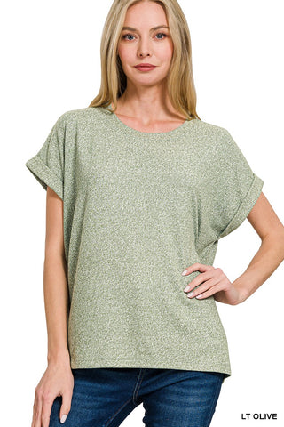 Zenana Soft Melange Hacci Short Sleeve Top Light Olive