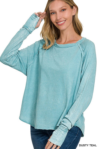 Zenana Scoop Neck Thumb Hole Long Sleeve Dusty Teal