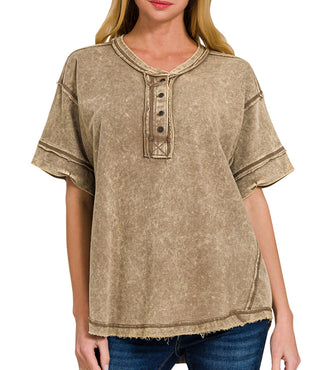 Zenana Raw Edge Detailed Button Closure Scoop Neck Top Mocha