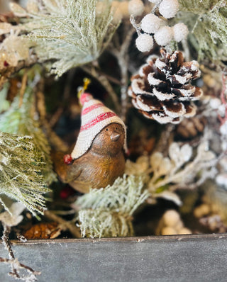 Wooden Bird with Striped Hat Ornament