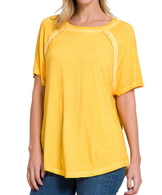 Zenana Washed Short Sleeve Boat Neck Top Yellow Gold