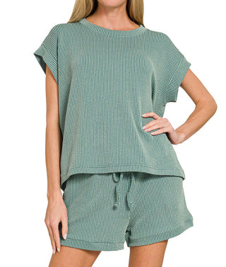 Zenana Raised Rib Cap Sleeve Top & Shorts Set Jade 8623