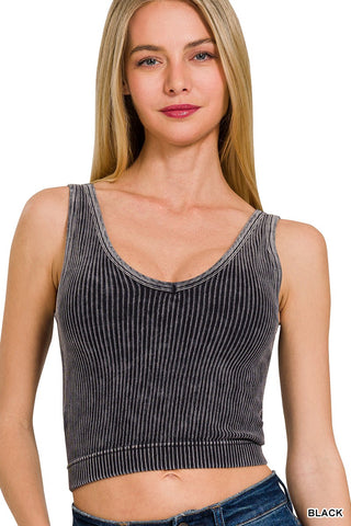 Zenana Ribbed Seamless Bra Padded V Neck Tank Black