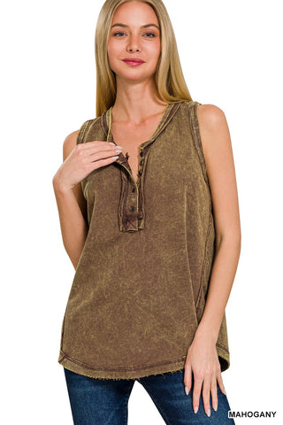 Zenana Washed Half-Button Sleeveless Henley Mahogany