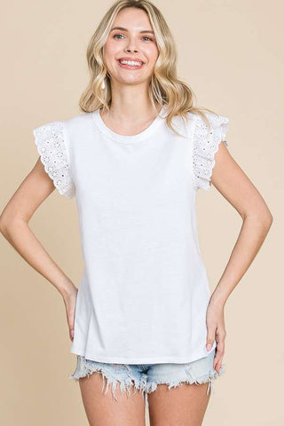 Culture Code Crewneck Eyelet Cap Sleeve Top Soft White