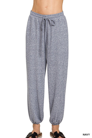 Zenana Soft Melange Hacci Tie Front Joggers Navy