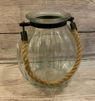 Rounded Glass Hurricane w/Rope Handle