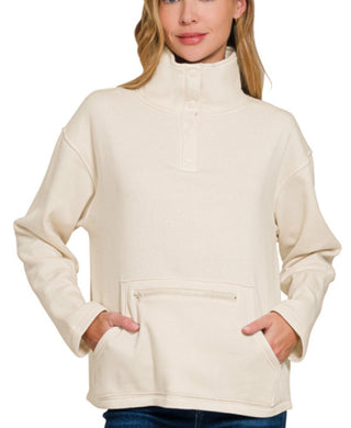 Zenana Fleece Half Snap Button Front Sweatshirt Sand Beige