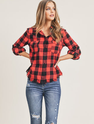 Risen Plaid Frayed Hem Hi & Lo Shirt Red