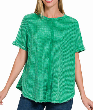 Zenana Baby Waffle Acid Wash Short Sleeve Top Kelly Green