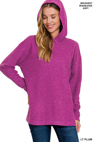 Zenana Hooded Brushed Melange Hacci Sweater Light Plum