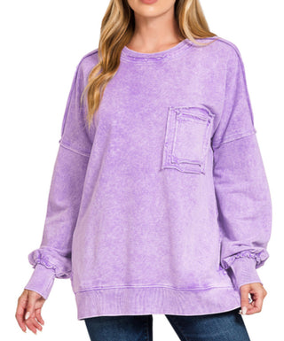 Zenana Halo Washed French Terry Exposed Seam Sweatshirt Violet