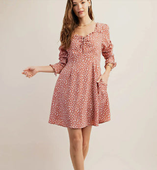 Kori America Smocked Long Sleeve Back Tied Dress Apricot