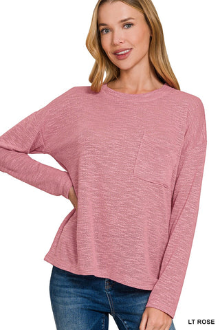 Zenana Slub Hacci Long Sleeve Top Light Rose