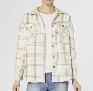 Coco & Carmen Austin Fringe Back Plaid Shacket Cream and Camel