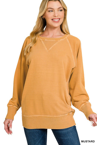 Zenana Pigment Dyed French Terry Pullover with Pockets Mustard