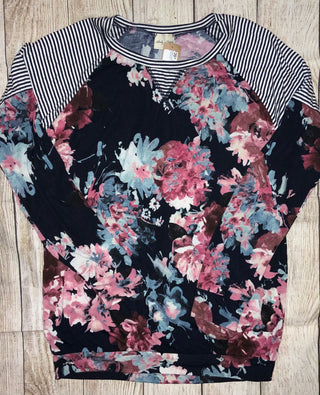 Striped Floral Long Sleeve Top Small