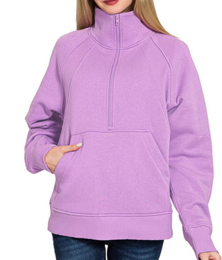 Zenana Half Zip Fleece Pullover W/ Kangaroo Pocket B Lavender
