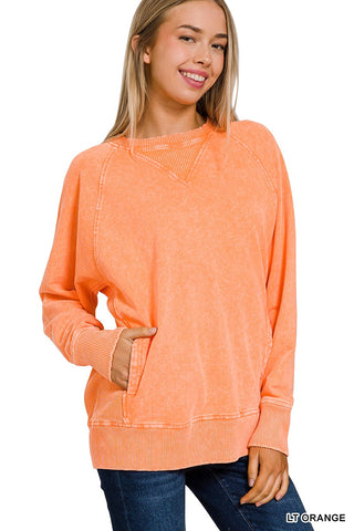 Zenana Acid Washed French Terry Pullover with Pockets Light Orange
