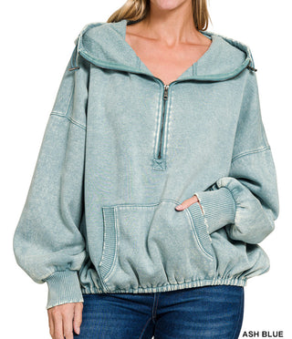 Zenana Fleece Drawstring Hem Half Zip Kangaroo Hoodie Ash Blue