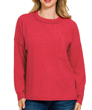 Zenana Ribbed Brushed Melange Hacci Sweater with Pocket DK Red