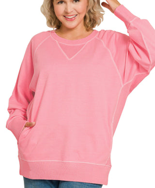 Zenana Pigment Dyed French Terry Pullover with Pockets Candy Pink