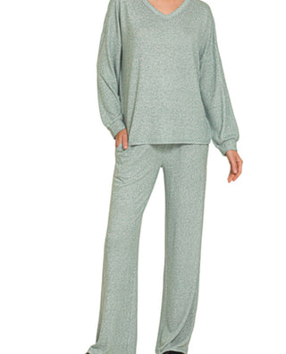 Zenana Soft Melange V Neck Long Sleeve & Pant Set Ash Jade