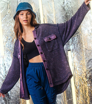 New In Ribbed Knit Hooded Cozy Washed Jacket Denim