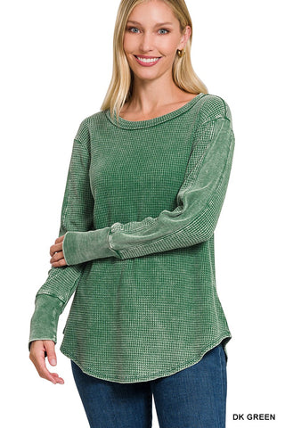Zenana Washed Baby Waffle Long Sleeve Top Dark Green