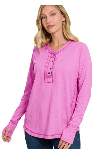 Zenana Thumb Hole Cuffs Button Closure Long Sleeve Hot Mauve