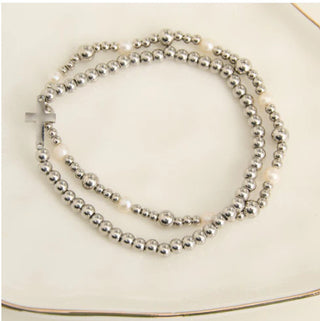 Howard's Narelle Waterproof Pearl Station and Cross Stretch Bracelet Set Silver