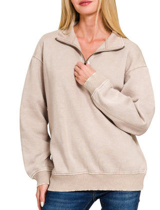 Zenana Acid Wash Fleece Half Zip Pullover Ash Mocha