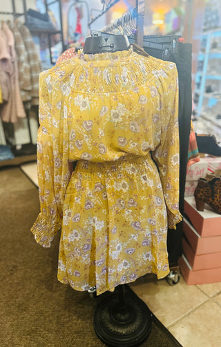 Kori America Floral Print Mock Neck Smocked Dress Mustard
