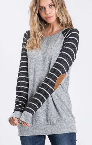 Solid And Stripe Top With Elbow Patch
