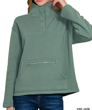 Zenana Fleece Half Snap Button Front Sweatshirt Ash Jade