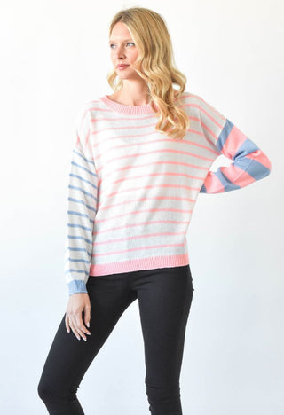 Sew in Love Long Sleeve Stripe Crewneck Coral/Denim